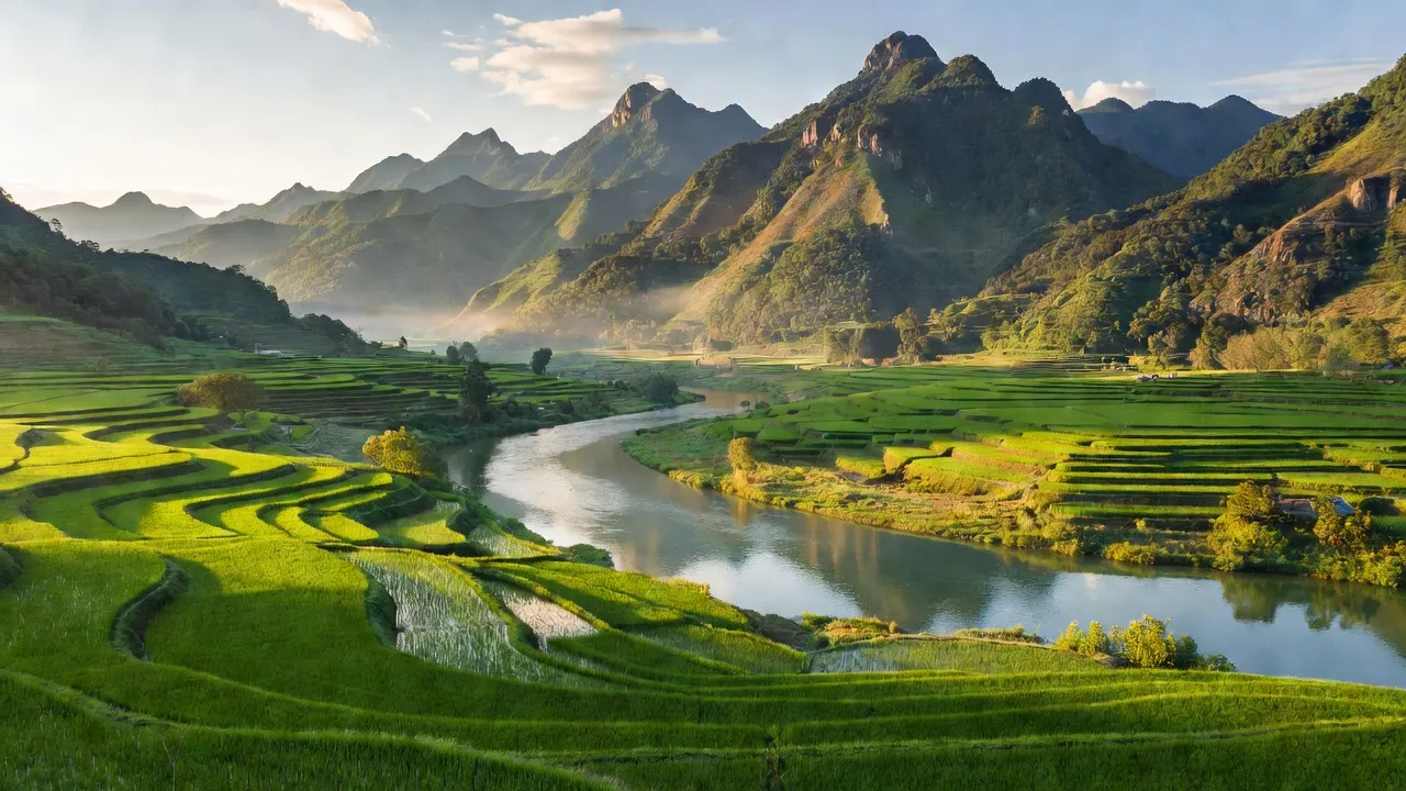 Cảnh đẹp huyện Hàm Yên, Tuyên Quang với đồi núi, cánh đồng và dòng sông Lô.