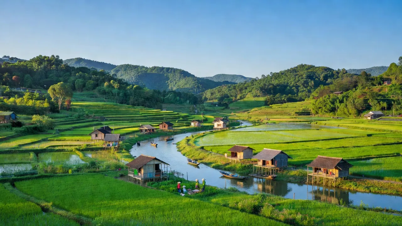 Toàn cảnh huyện Hàm Yên, Tuyên Quang với cảnh sắc thiên nhiên và dòng sông Lô.