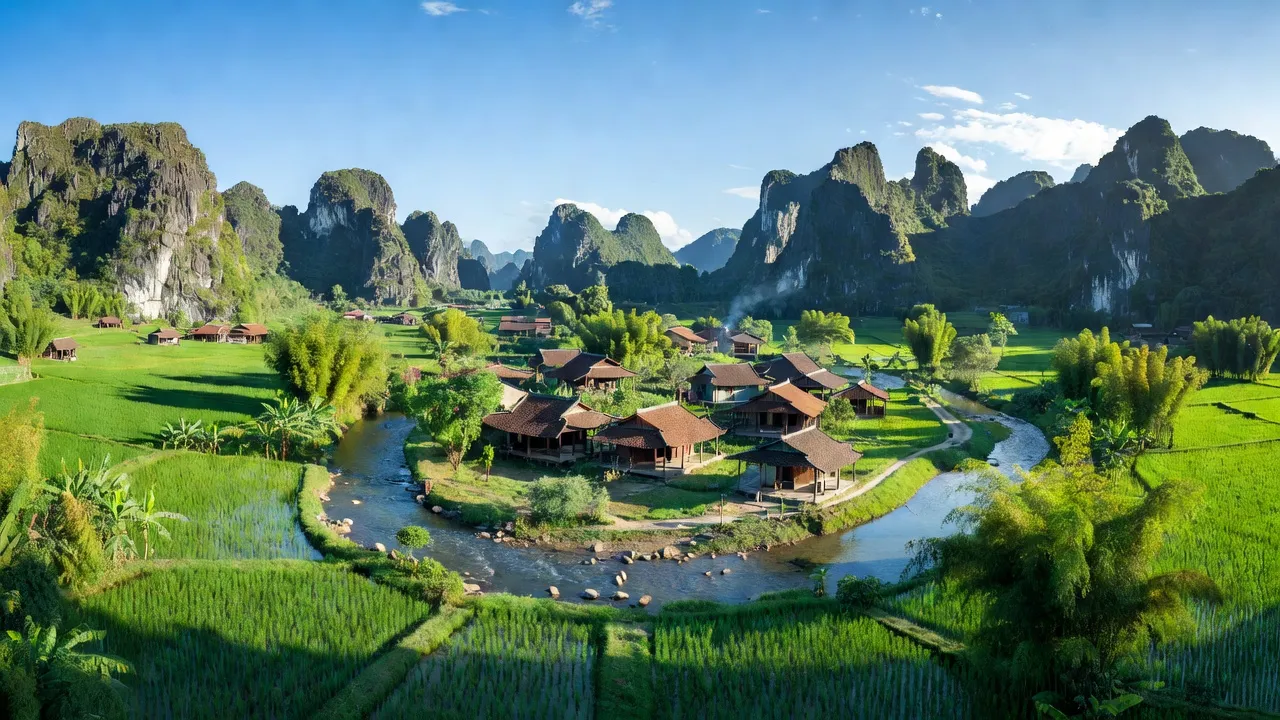 Khung cảnh làng Bằng Cốc, huyện Hàm Yên, Tuyên Quang với núi non và dòng suối.