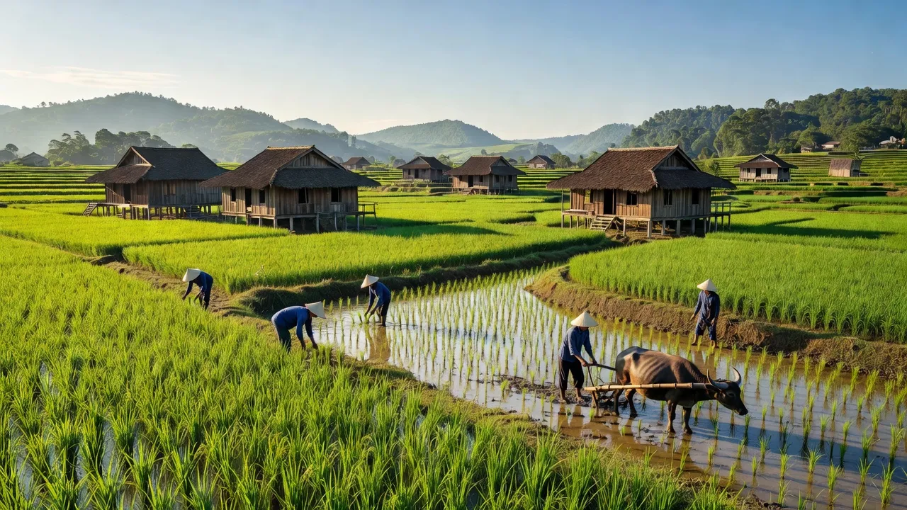 Cảnh đẹp Xã Bình Xa, huyện Hàm Yên với cánh đồng xanh, nhà gỗ truyền thống và nông dân làm việc.