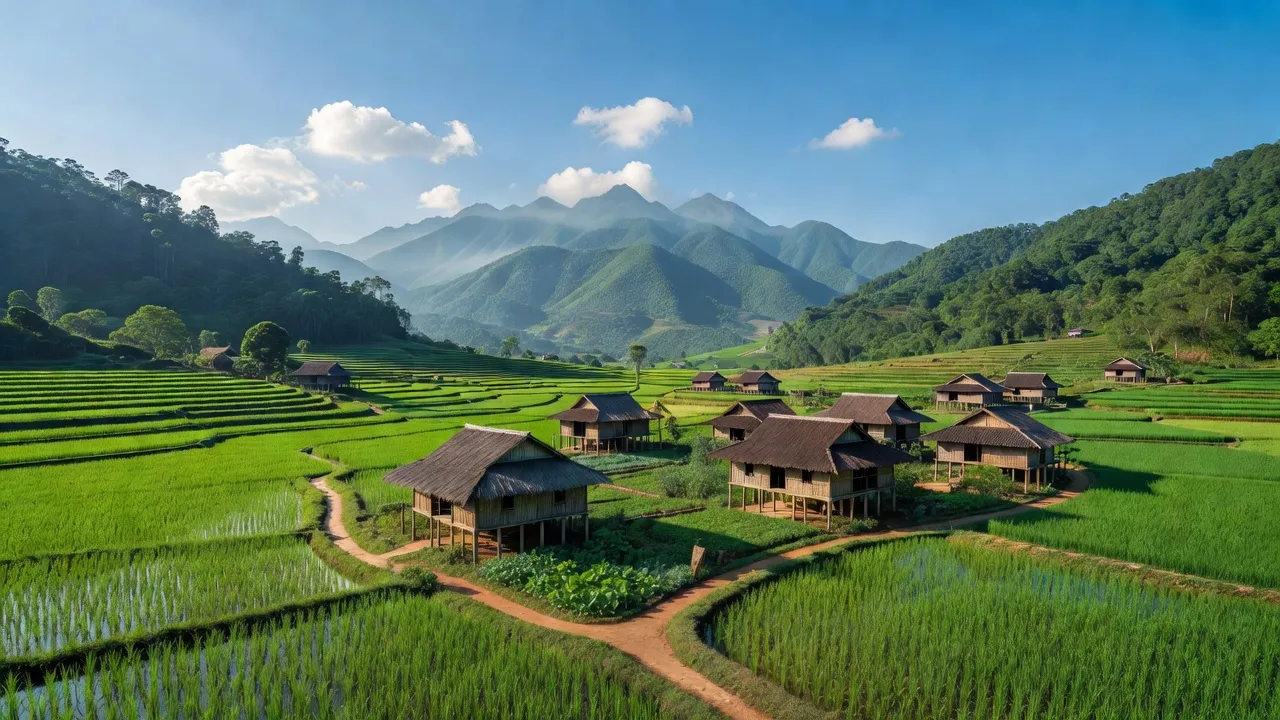 Cảnh đẹp xã Hùng Đức, huyện Hàm Yên, tỉnh Tuyên Quang với cánh đồng xanh và núi non.
