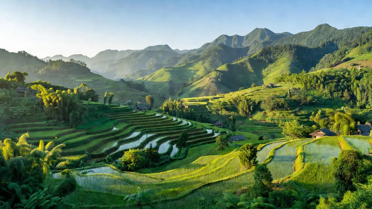 Cảnh xã Hùng Đức, huyện Hàm Yên, Tuyên Quang với đồi núi xanh, ruộng bậc thang, và không khí trong lành.