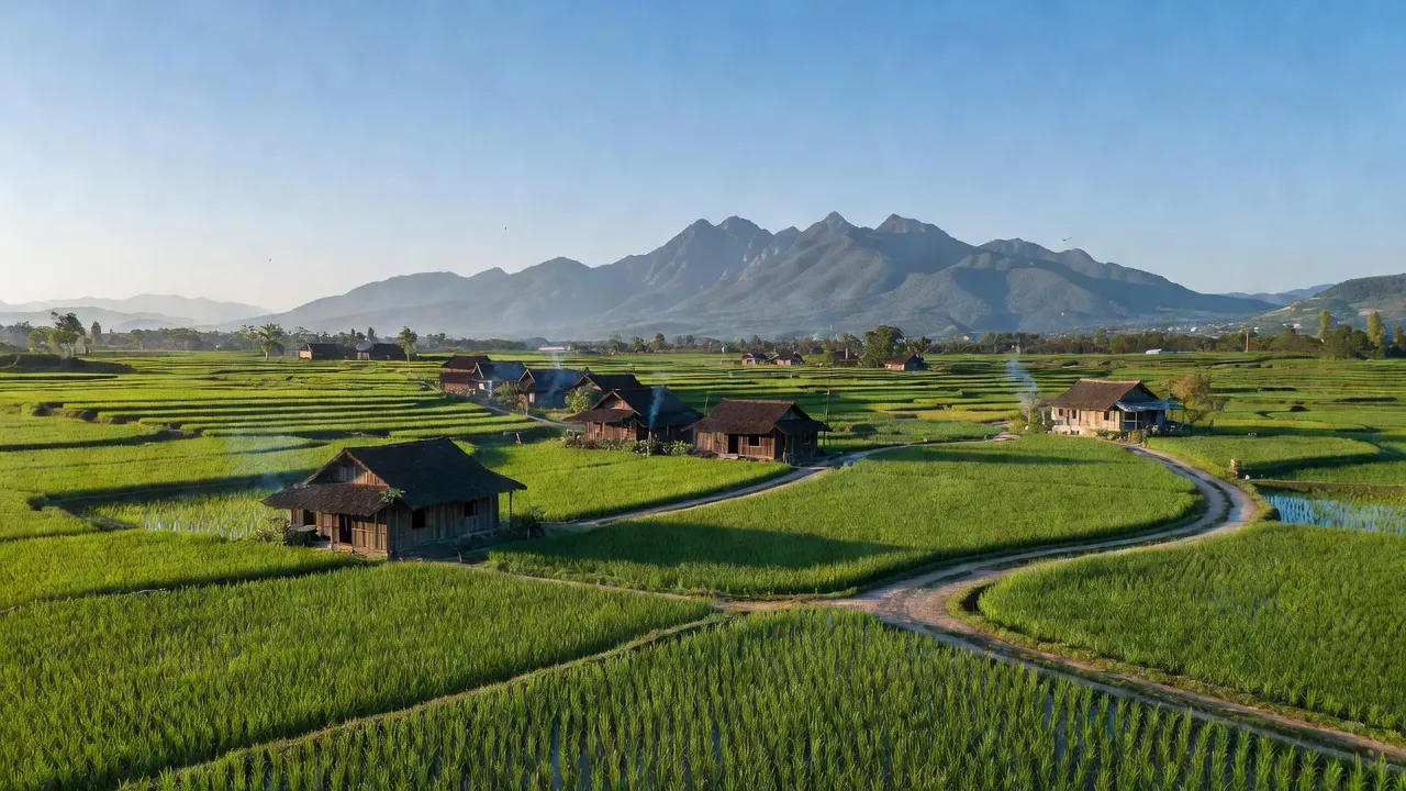 Khung cảnh nông thôn tại Xã Minh Dân, Hàm Yên, Tuyên Quang với đồng lúa xanh và nhà truyền thống.