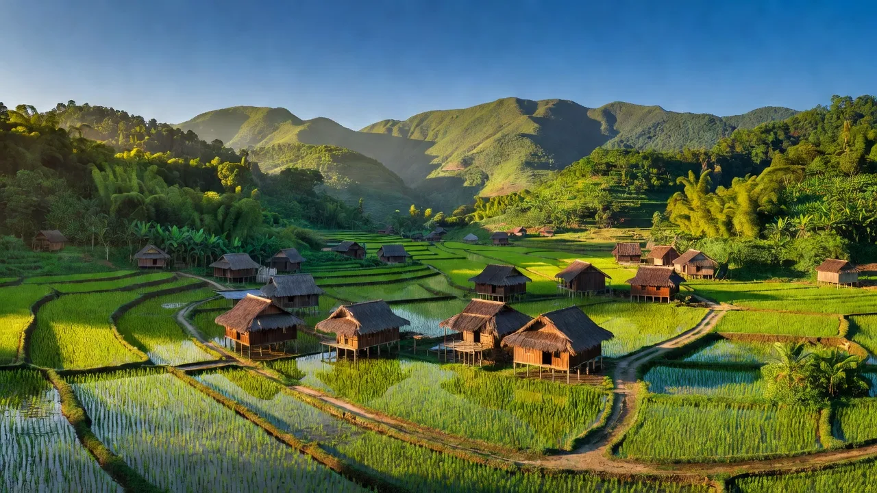 Khung cảnh xã Minh Dân, huyện Hàm Yên, Tuyên Quang với núi non xanh tươi và cánh đồng lúa vàng.