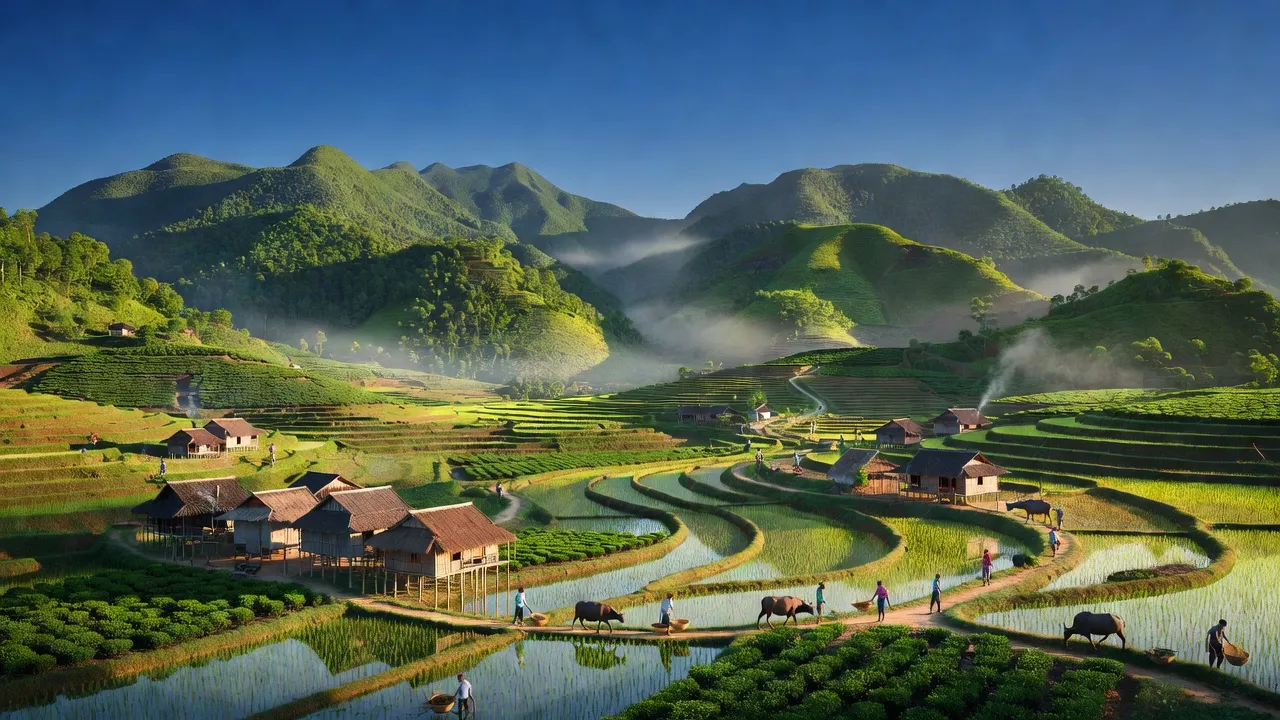 Khung cảnh hữu tình của xã Minh Hương, huyện Hàm Yên, tỉnh Tuyên Quang với núi xanh và ruộng lúa.