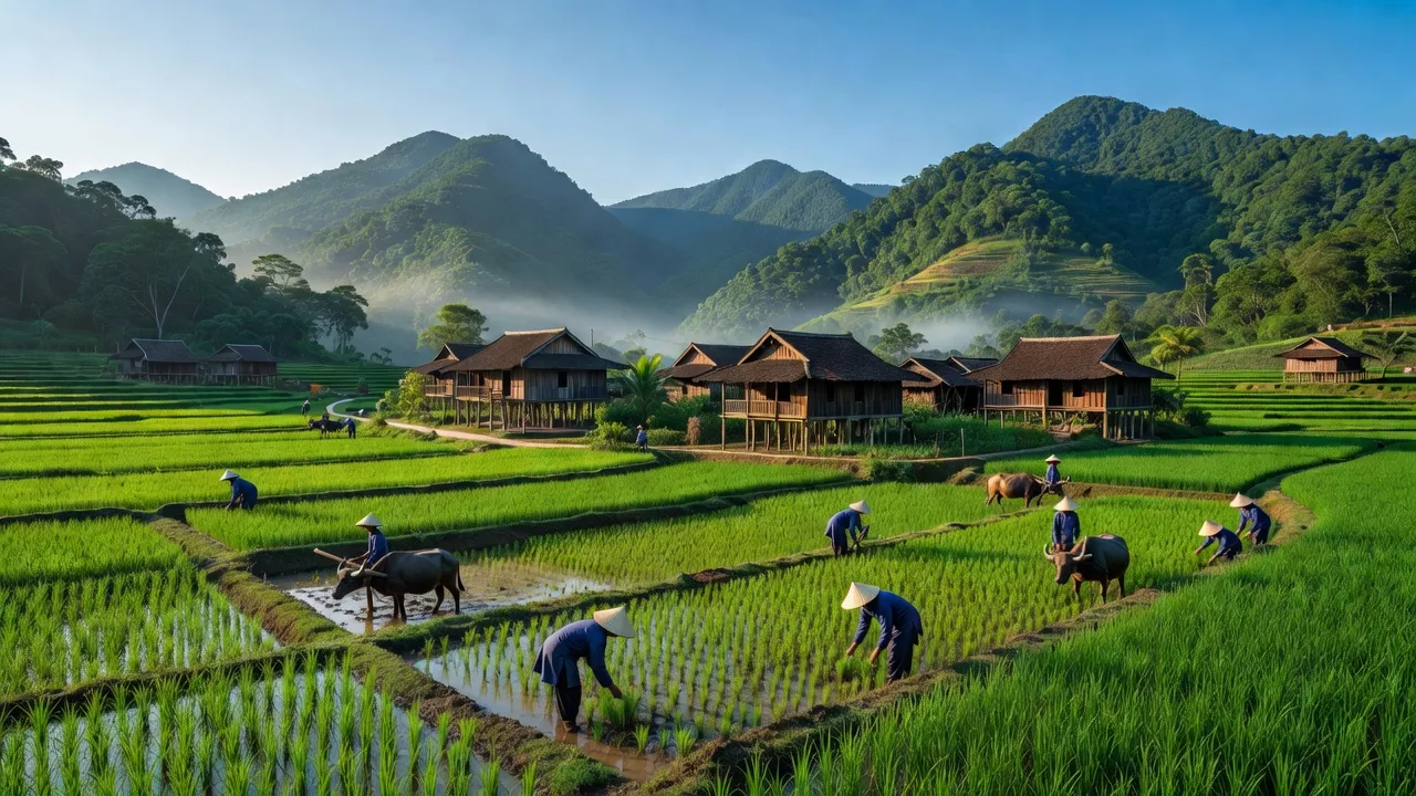 Khung cảnh xã Minh Hương, huyện Hàm Yên, Tuyên Quang với núi xanh và nhà truyền thống.