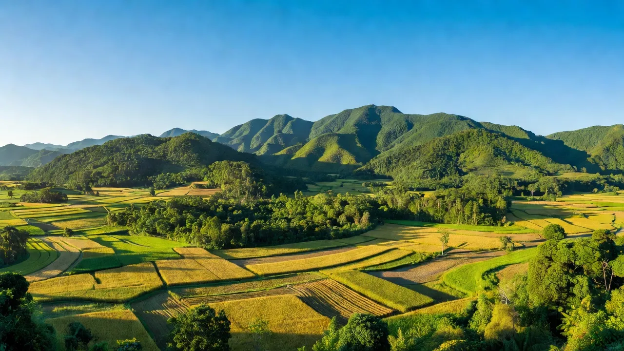Phong cảnh xã Tân Thành, huyện Hàm Yên, Tuyên Quang với núi non và cánh đồng xanh tươi.