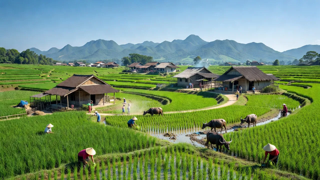 Khung cảnh nông thôn xã Thái Hòa, huyện Hàm Yên, tỉnh Tuyên Quang với những cánh đồng xanh tươi.