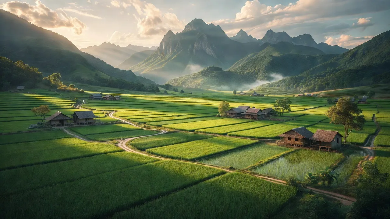 Phong cảnh Xã Thái Hòa, huyện Hàm Yên, tỉnh Tuyên Quang với cánh đồng xanh tươi và núi non hùng vĩ.