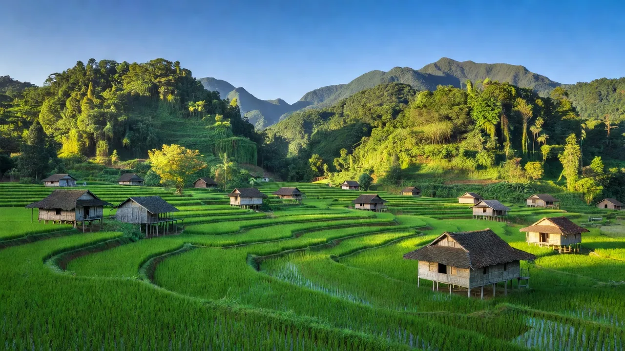 Cảnh đẹp Xã Yên Phú, Huyện Hàm Yên với cánh đồng lúa và núi xanh, thời tiết trong xanh.