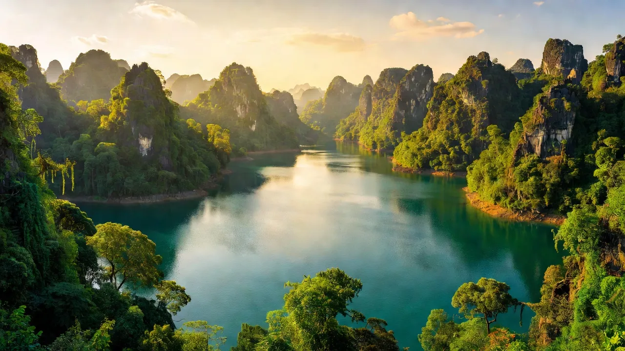 Khung cảnh huyện Lâm Bình, Tuyên Quang với núi non, hồ nước và ánh nắng rực rỡ.