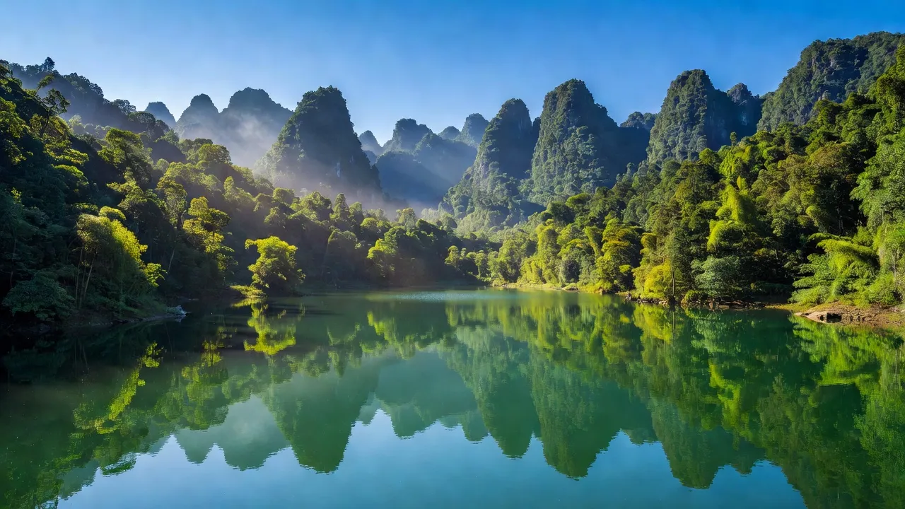Khung cảnh thiên nhiên huyện Lâm Bình, Tuyên Quang với núi non, hồ nước và rừng cây xanh.