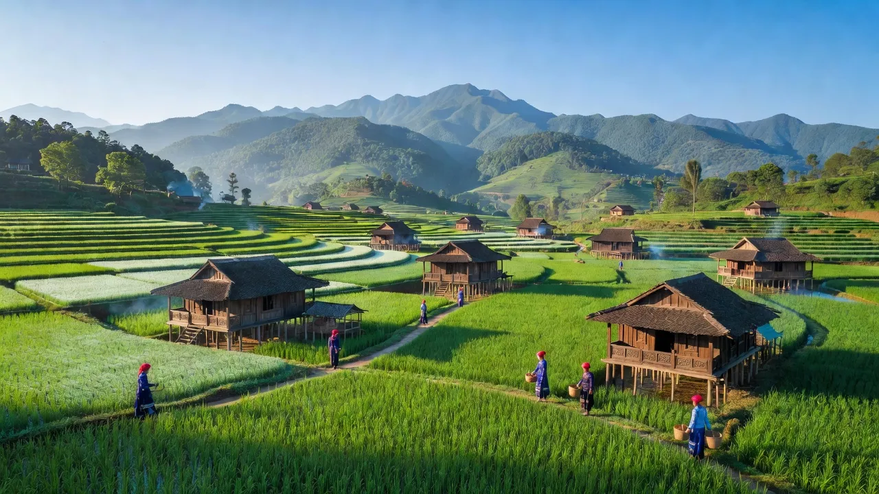 Phong cảnh xã Bình An, huyện Lâm Bình, Tuyên Quang với cánh đồng xanh và núi non.