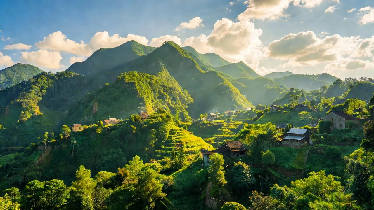 Quang cảnh thị trấn Lăng Can, huyện Lâm Bình, Tuyên Quang, với núi và nhà cửa xanh tươi.