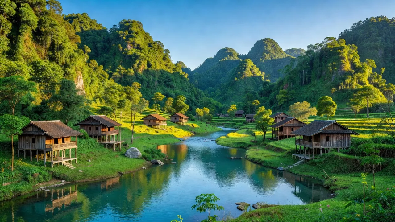 Khung cảnh huyện Na Hang, Tuyên Quang với núi xanh, sông yên bình và nhà gỗ truyền thống.