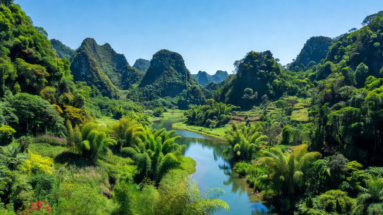 Khung cảnh thiên nhiên huyện Na Hang, Tuyên Quang với đồi núi, cây cối và sông nước trong xanh.