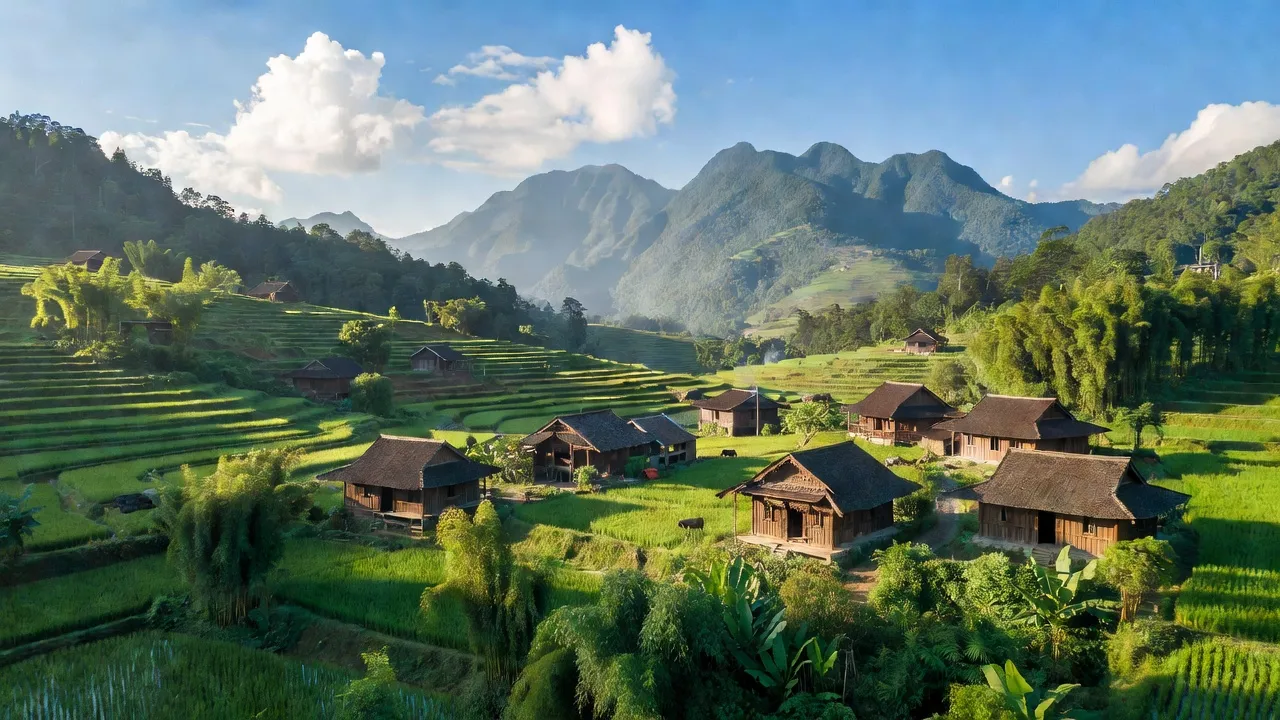 Khung cảnh Xã Thanh Tương, huyện Na Hang, Tuyên Quang với nhà sàn và núi xanh.