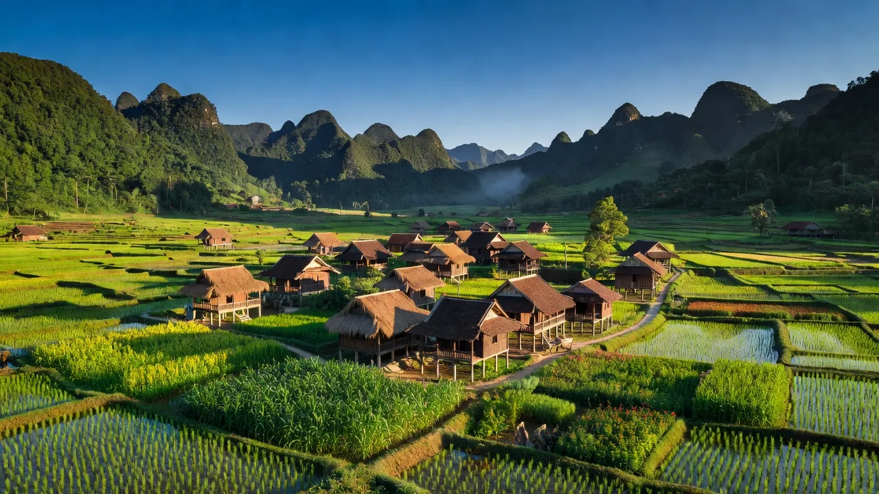 Cảnh quan xã Thượng Nông, huyện Na Hang, Tuyên Quang với nhà truyền thống và mảng xanh tươi tốt.