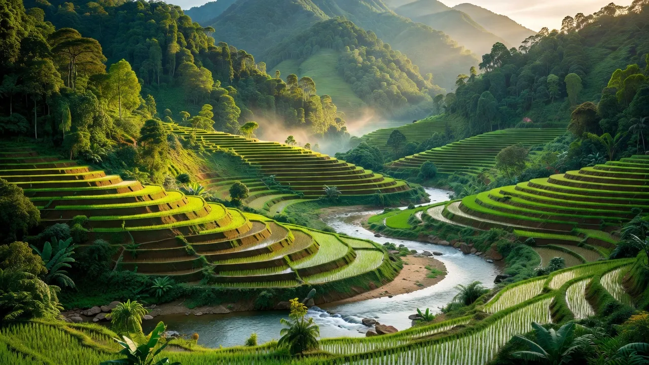 Khung cảnh thiên nhiên huyện Sơn Dương, Tuyên Quang với rừng núi, ruộng bậc thang và sông suối.