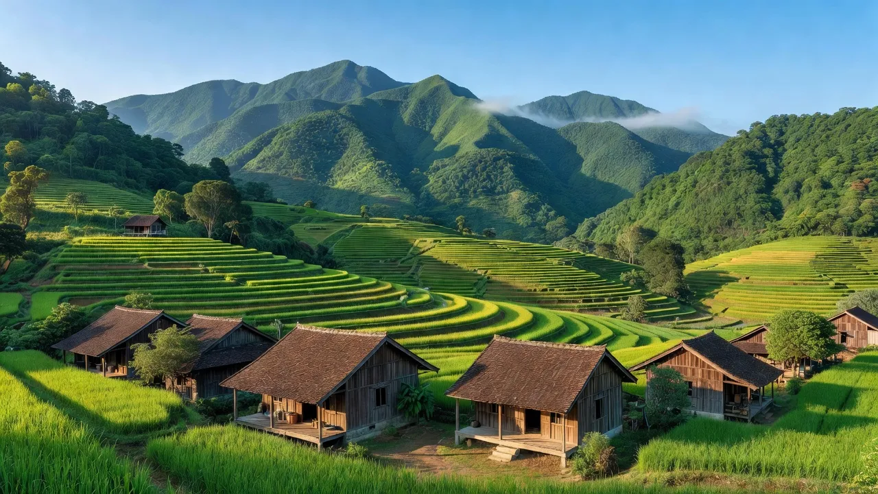 Khung cảnh Xã Chi Thiết, huyện Sơn Dương, Tuyên Quang với đồng ruộng và núi xanh.