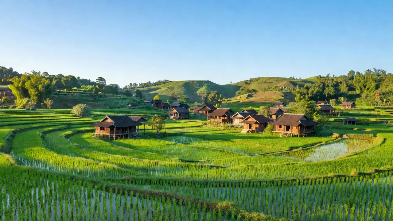 Cảnh đẹp xã Đại Phú, huyện Sơn Dương, Tuyên Quang với ruộng bậc thang và nhà truyền thống.