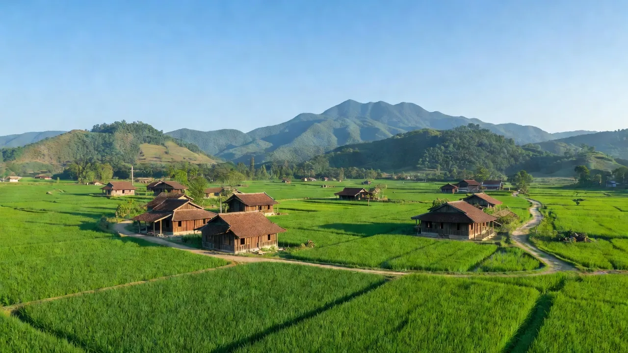 Khung cảnh nông thôn Xã Đại Phú, Huyện Sơn Dương, Tuyên Quang, với đồng ruộng xanh và nhà gỗ.