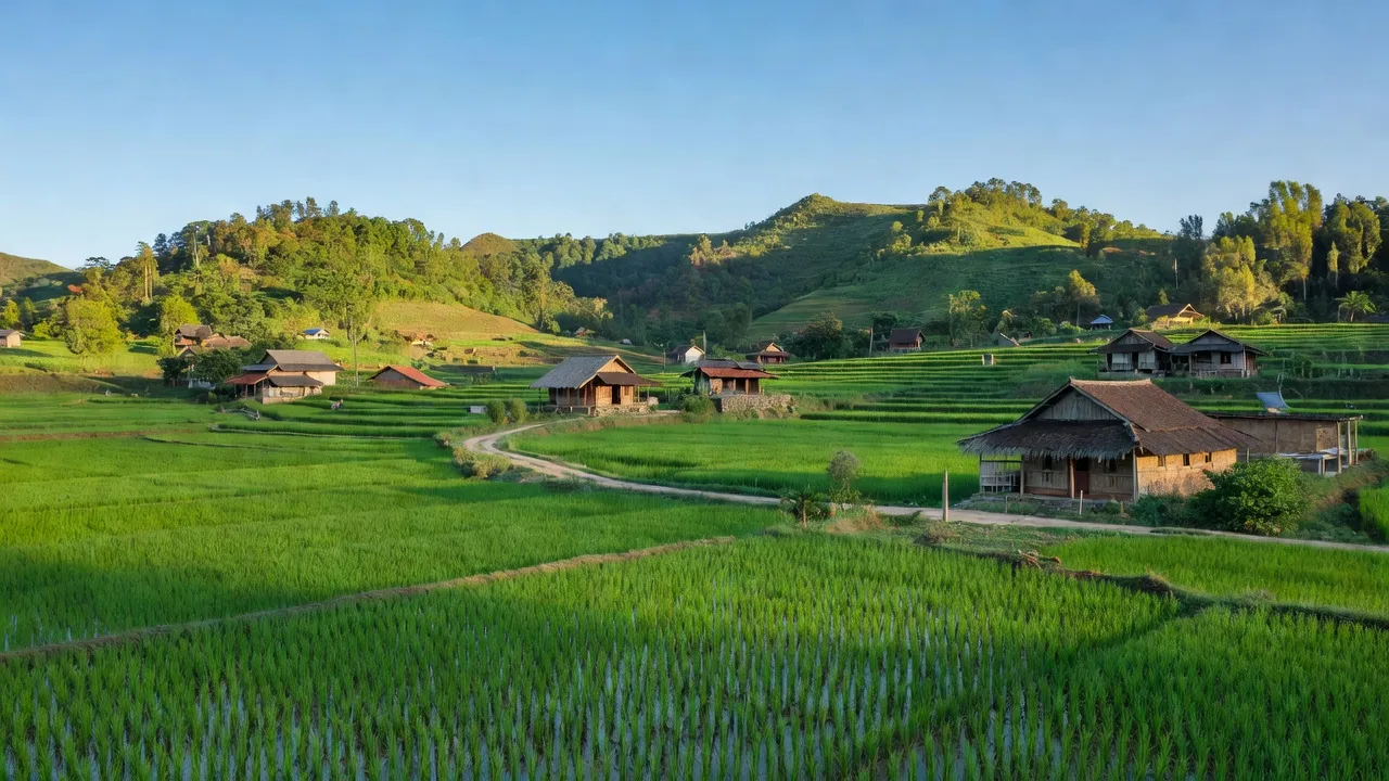 Khung cảnh đẹp tại Xã Đông Lợi, Huyện Sơn Dương, Tuyên Quang với đồng ruộng xanh tươi và nhà truyền thống.