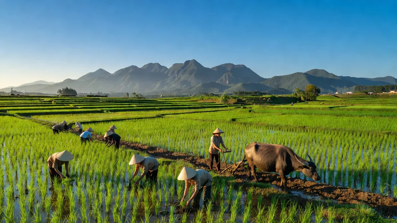 Cảnh đẹp Xã Đông Thọ, Sơn Dương, Tuyên Quang với cánh đồng xanh và núi non hùng vĩ.