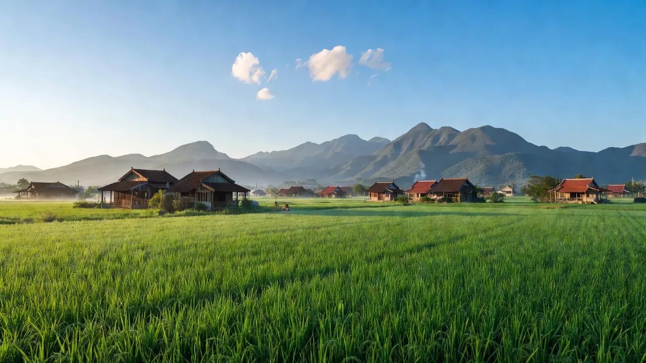 Cảnh sắc xã Đông Thọ, huyện Sơn Dương, Tuyên Quang, đồng xanh và núi non hùng vĩ.