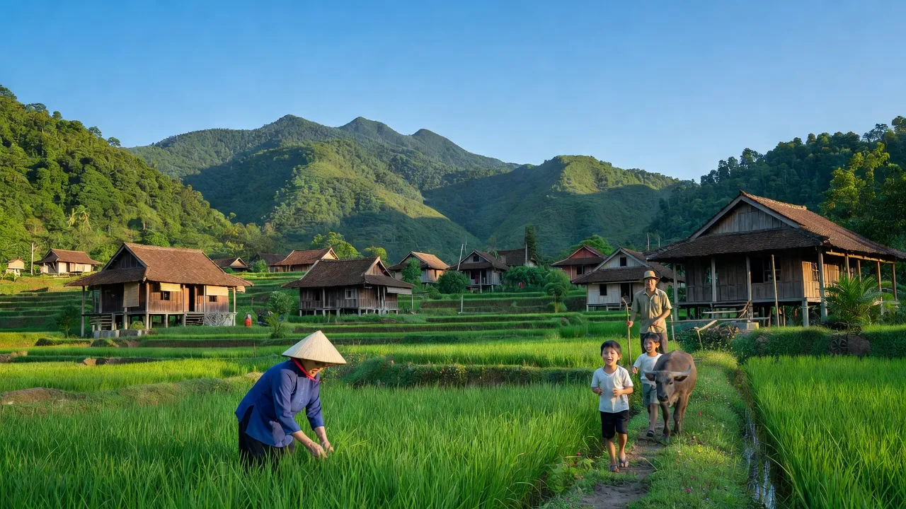 Cảnh đẹp Xã Hồng Sơn, Tuyên Quang với núi xanh, nhà truyền thống Việt Nam, trời xanh rõ ràng.