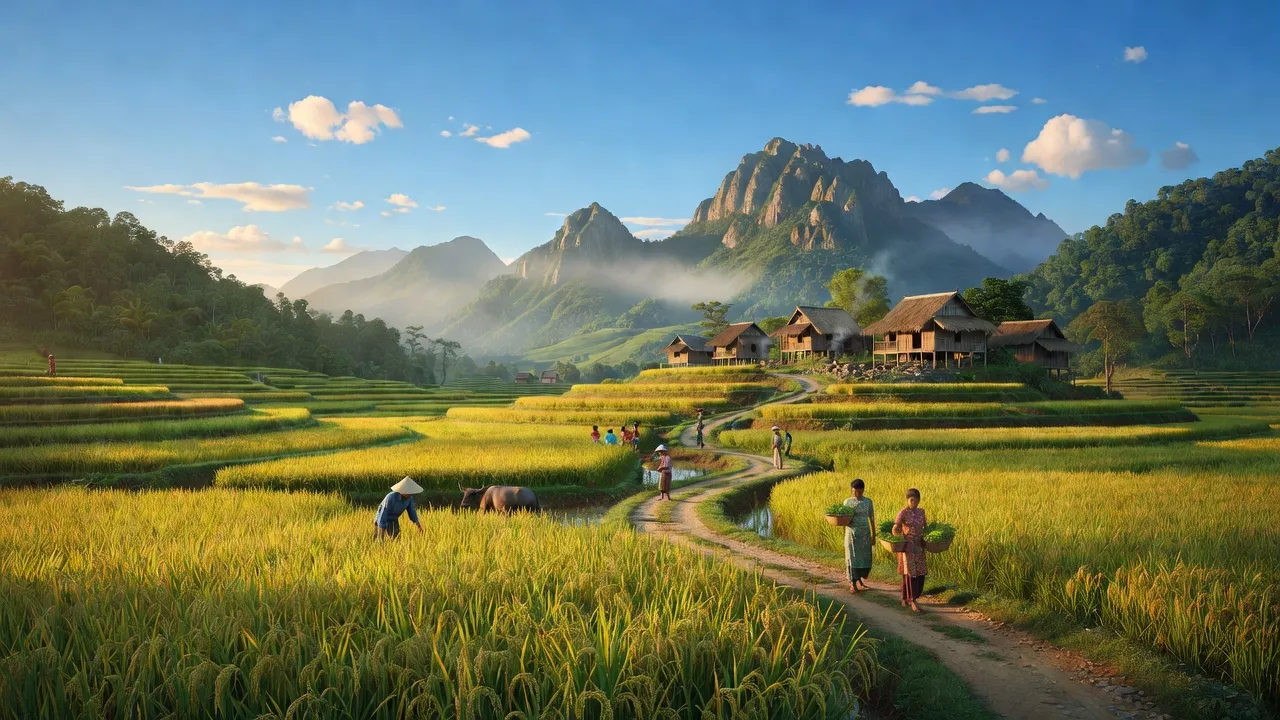 Cảnh đồng lúa và núi non ở xã Hợp Hòa, huyện Sơn Dương, tỉnh Tuyên Quang, miền Bắc Việt Nam.