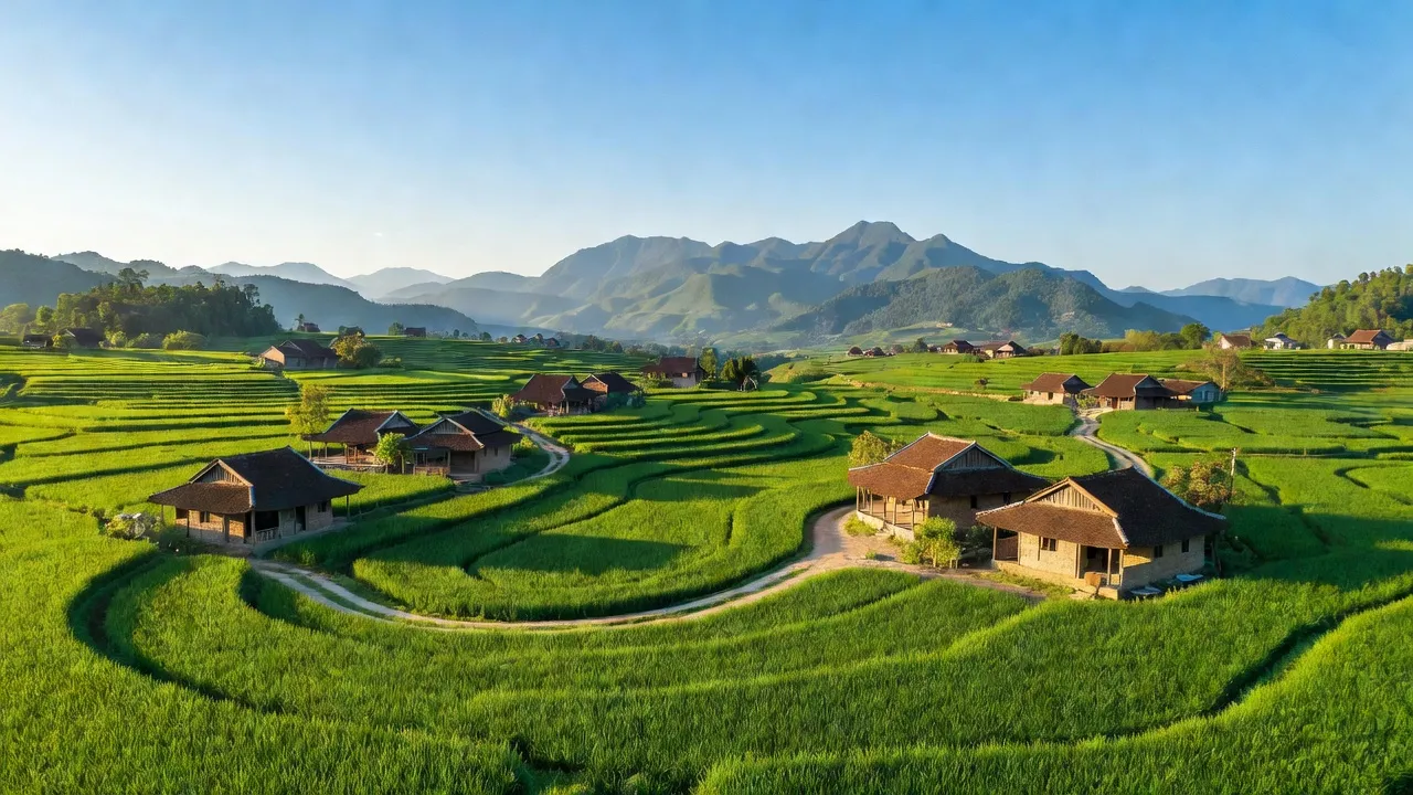 Khung cảnh xanh tươi của xã Hợp Hòa, huyện Sơn Dương, tỉnh Tuyên Quang, với cánh đồng lúa và núi.