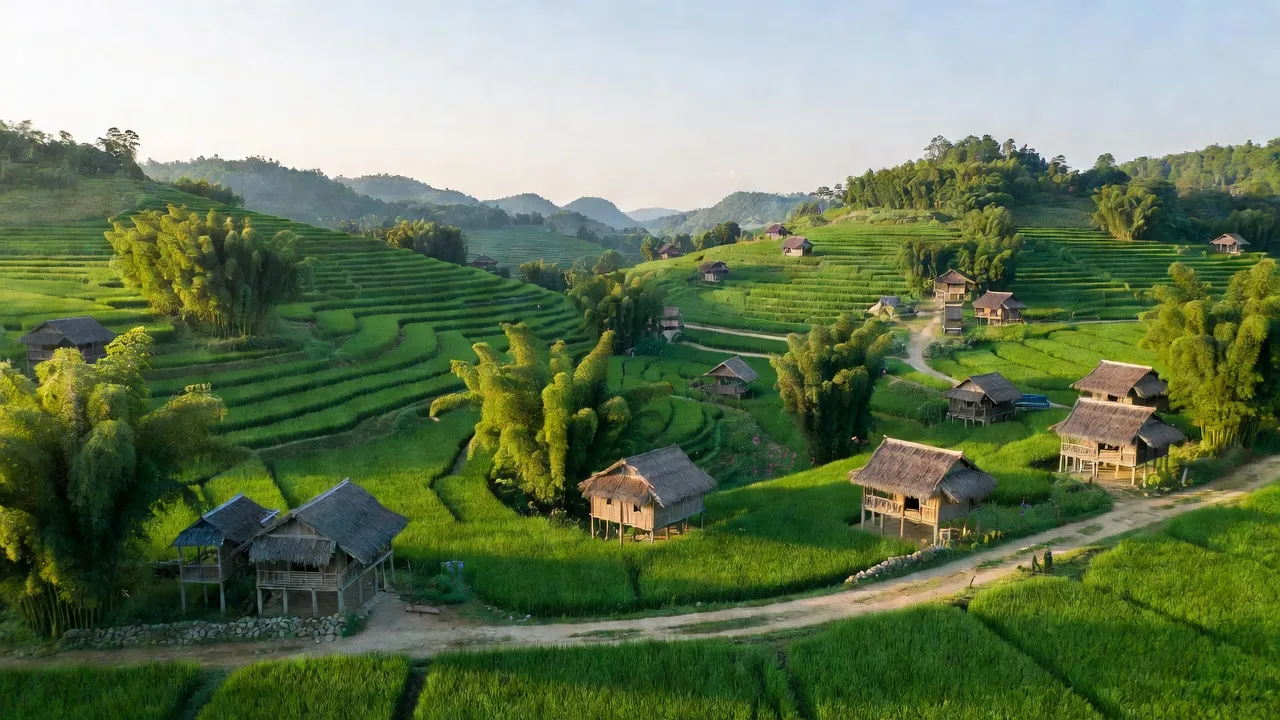 Xã Hợp Thành, huyện Sơn Dương, Tuyên Quang với đồi núi xanh, nhà truyền thống, cảnh nông thôn yên bình.