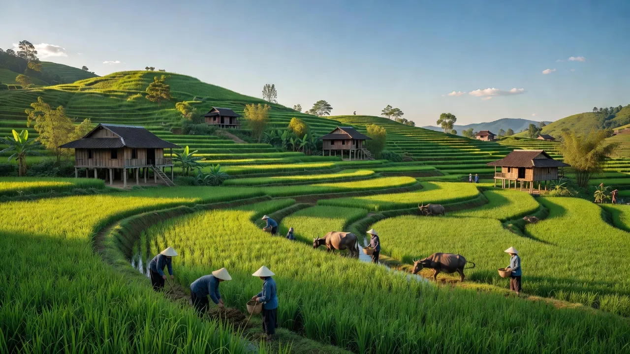 Cảnh đẹp Xã Phúc Ứng, huyện Sơn Dương, tỉnh Tuyên Quang với đồng xanh và nhà truyền thống.