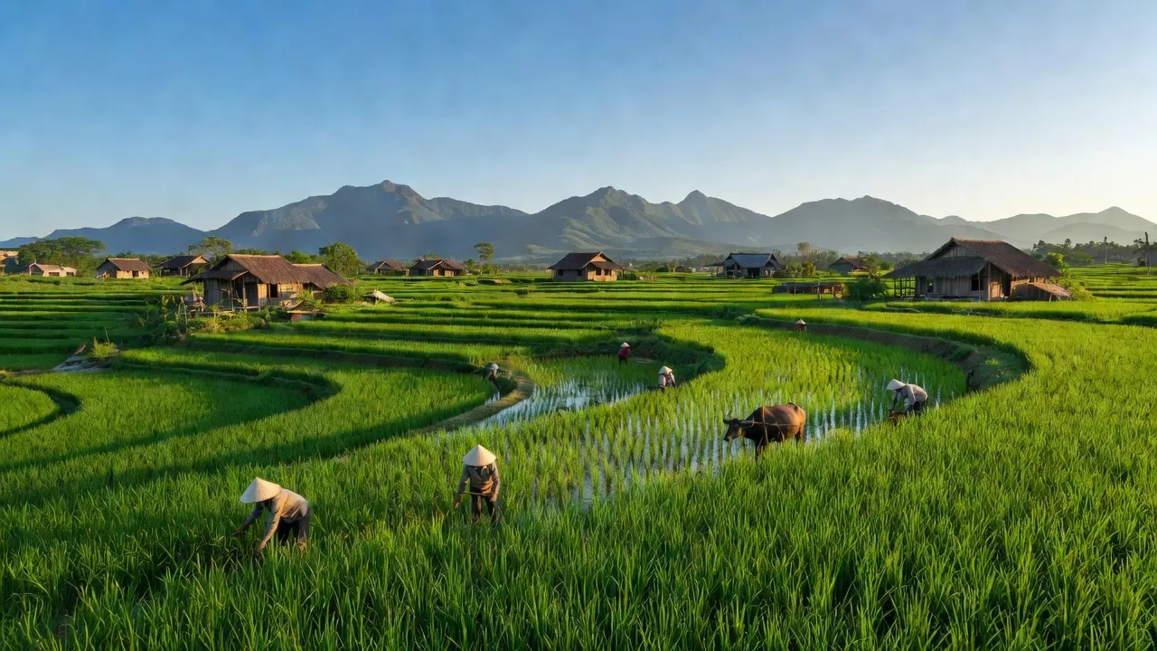 Khung cảnh bình yên xã Phúc Ứng, Sơn Dương, Tuyên Quang với cánh đồng xanh và nhà truyền thống.