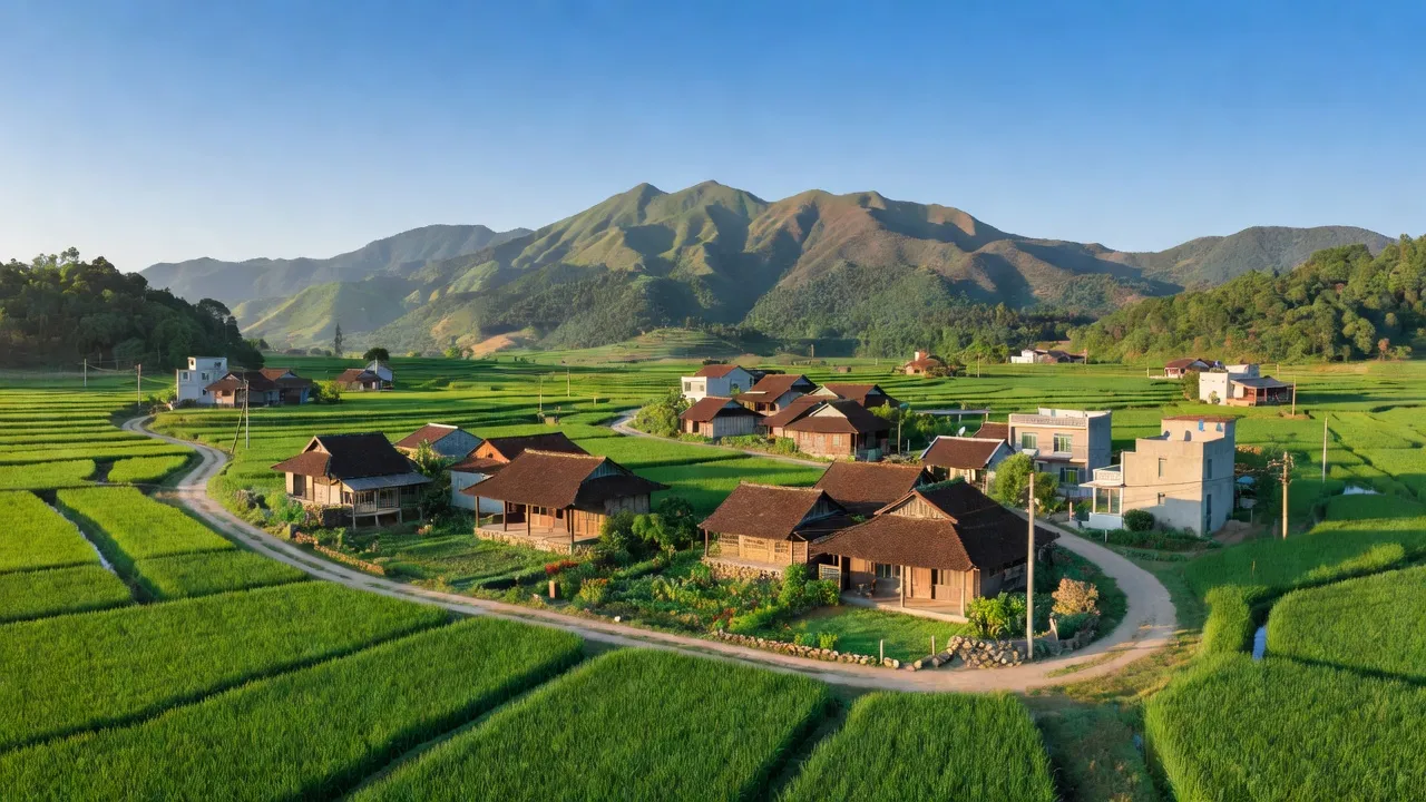 Khung cảnh Sơn Nam, huyện Sơn Dương, Tuyên Quang với nhà truyền thống và cánh đồng xanh.