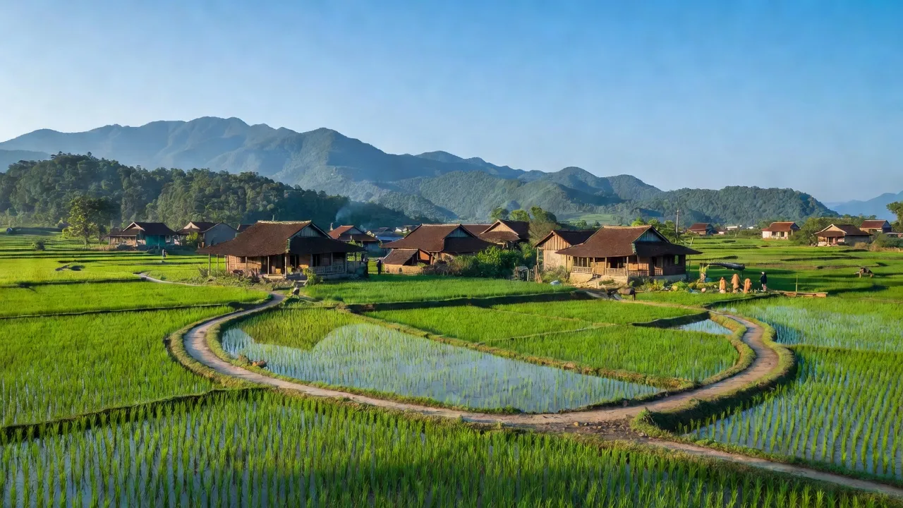 Cảnh đẹp xã Thiện Kế, huyện Sơn Dương, Tuyên Quang với đồng ruộng xanh tươi và núi non hùng vĩ.