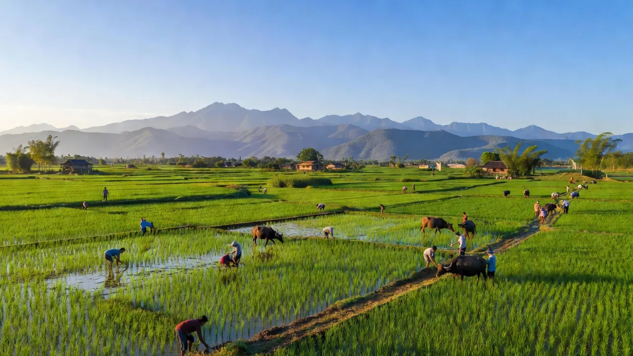Khung cảnh nông thôn xã Thiện Kế, huyện Sơn Dương, Tuyên Quang với cánh đồng và núi xanh.