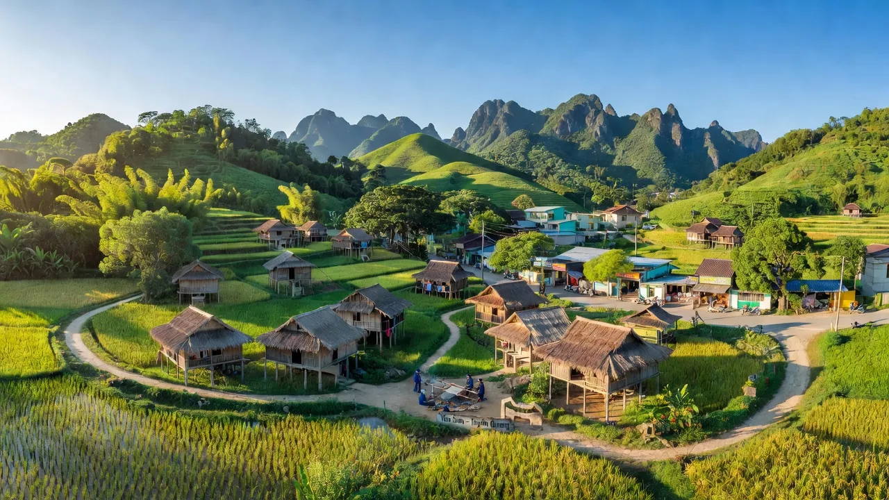 Quang cảnh huyện Yên Sơn, Tuyên Quang với núi non và làng quê xanh tươi, kết nối đô thị và nông thôn.