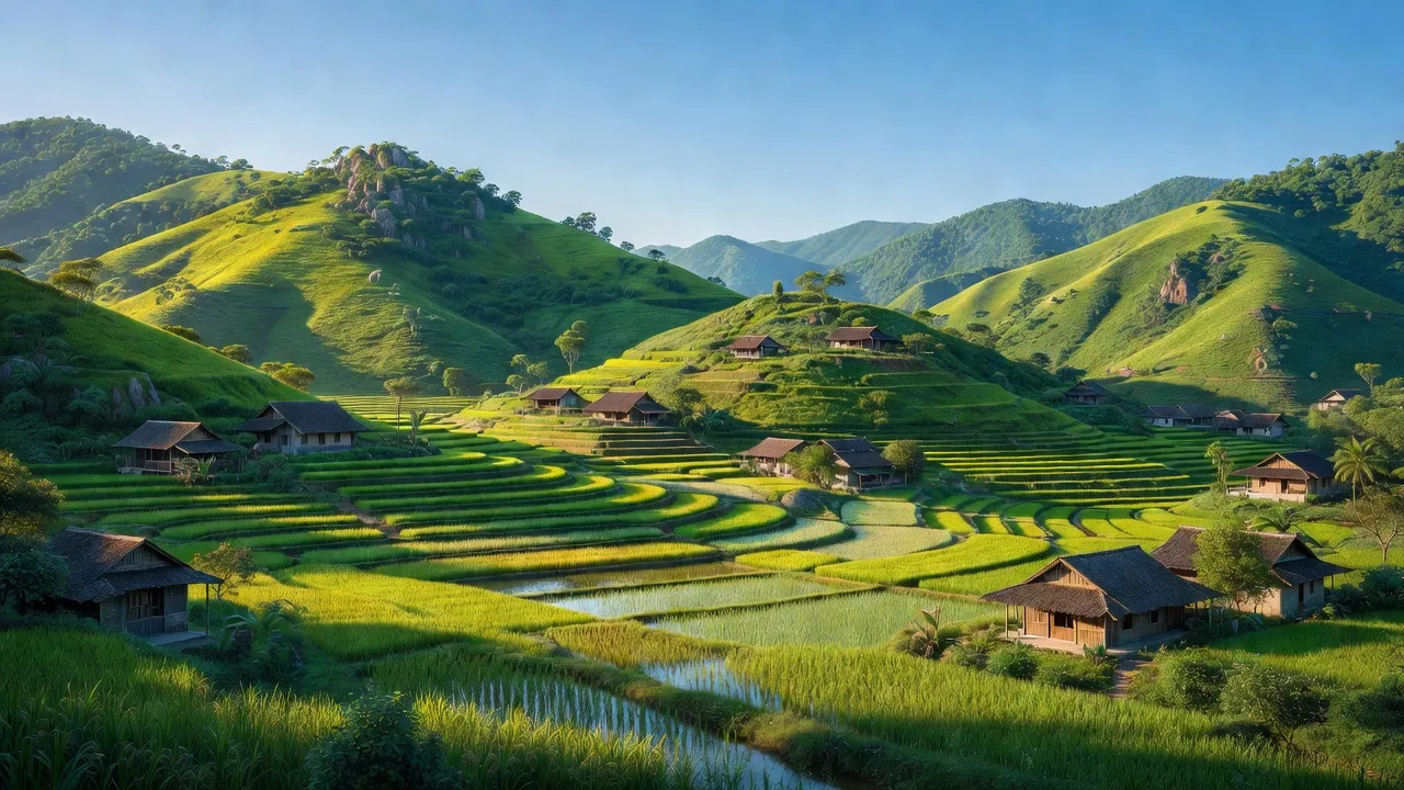 Phong cảnh xã Đội Bình, huyện Yên Sơn, tỉnh Tuyên Quang với đồi núi và cánh đồng xanh tươi.