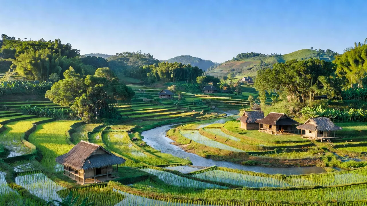 Cảnh đẹp Xã Hùng Lợi, huyện Yên Sơn, Tuyên Quang với đồi núi, ruộng bậc thang và sông ngòi.