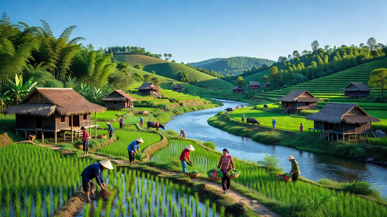 Cảnh quan xã Hùng Lợi, huyện Yên Sơn, tỉnh Tuyên Quang, với đồi núi, sông nước và người dân.