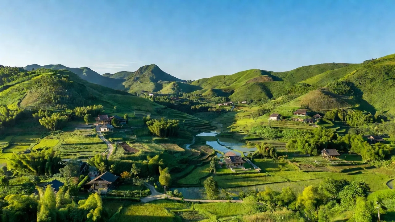 Cảnh đẹp xã Mỹ Bằng, huyện Yên Sơn, tỉnh Tuyên Quang với đồi núi và thung lũng xanh tươi.
