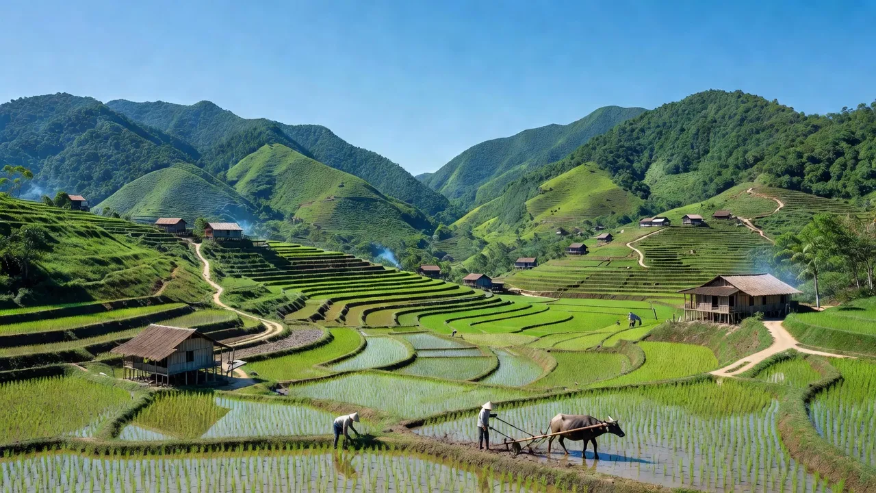 Khung cảnh xã Mỹ Bằng, huyện Yên Sơn, Tuyên Quang với núi non xanh tươi và đồng ruộng.