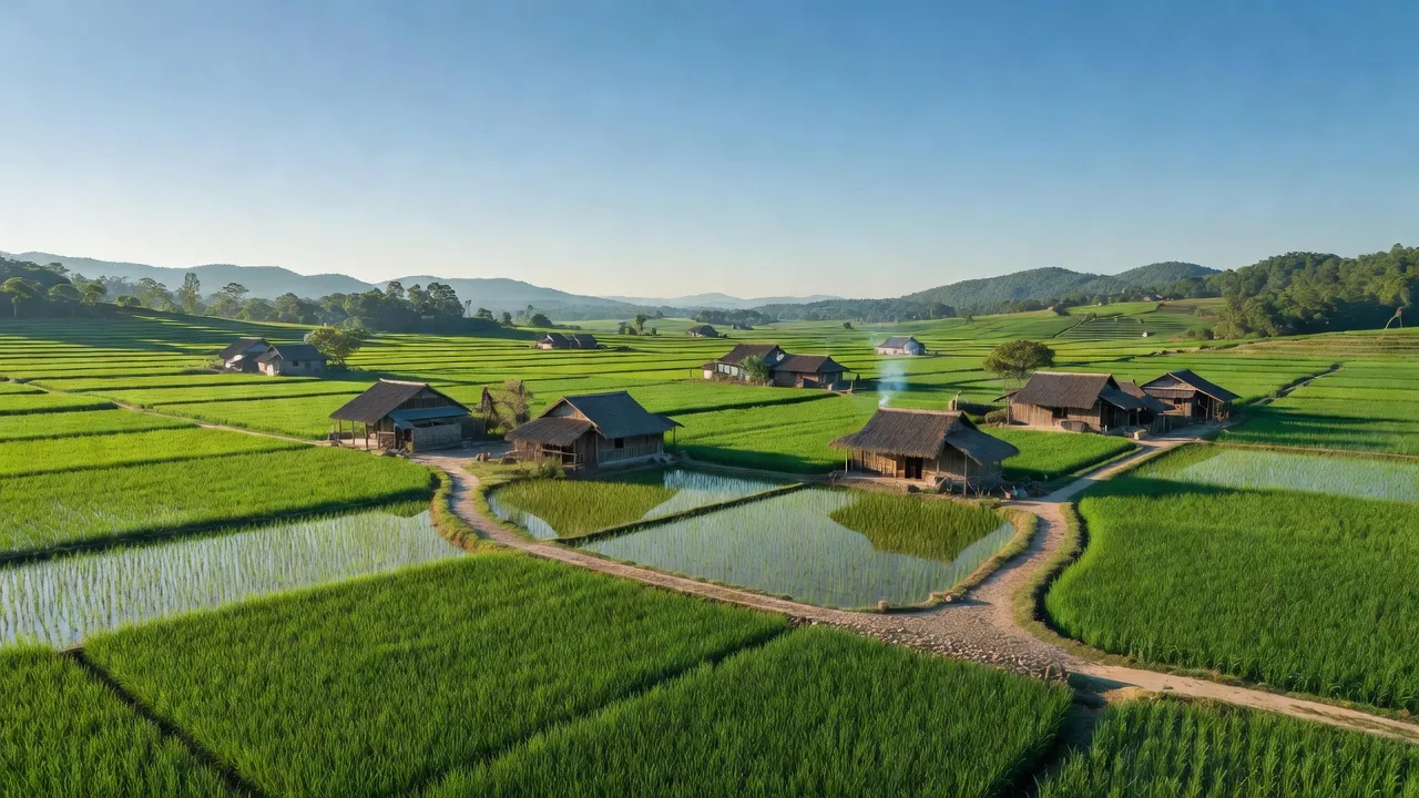 Cảnh đẹp xã Nhữ Khê, huyện Yên Sơn, tỉnh Tuyên Quang với cánh đồng xanh và nhà truyền thống.