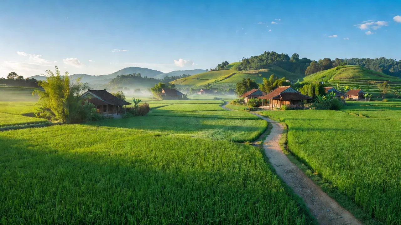 Cảnh quan xã Nhữ Khê, huyện Yên Sơn, Tuyên Quang với cánh đồng xanh, bầu trời trong trẻo.