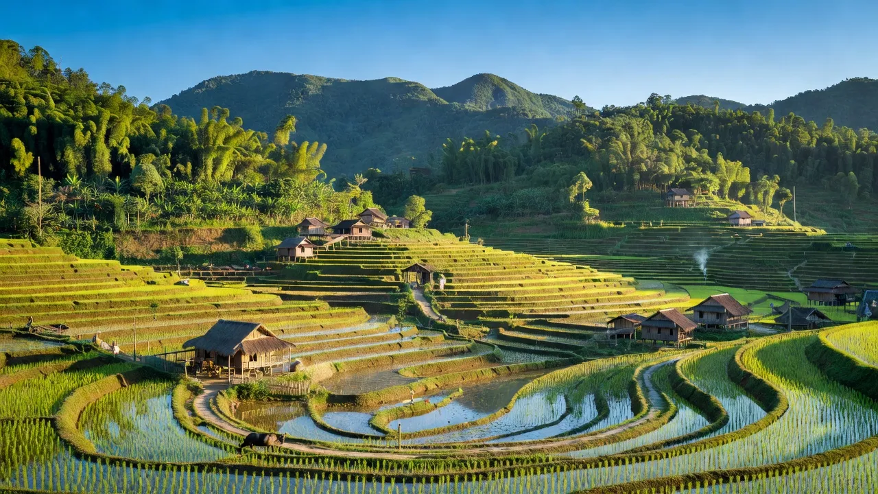 Khung cảnh xã Quí Quân, huyện Yên Sơn, Tuyên Quang với núi xanh và đồng ruộng terraced.