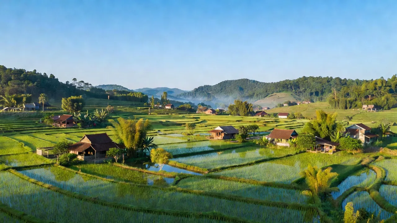 Khung cảnh xã Tân Long, huyện Yên Sơn, tỉnh Tuyên Quang với ruộng đồng xanh tươi, nhà dân và bầu trời trong xanh.