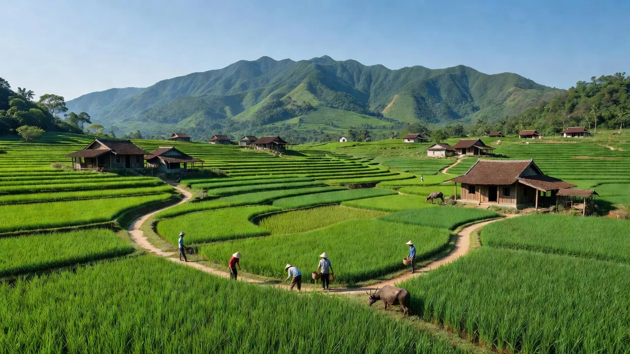 Khung cảnh Xã Tân Long, Huyện Yên Sơn, Tuyên Quang với cánh đồng lúa và nhà truyền thống.