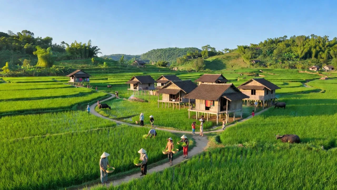 Khung cảnh Xã Thái Bình, huyện Yên Sơn, Tuyên Quang với đồng ruộng xanh tươi và nhà truyền thống.
